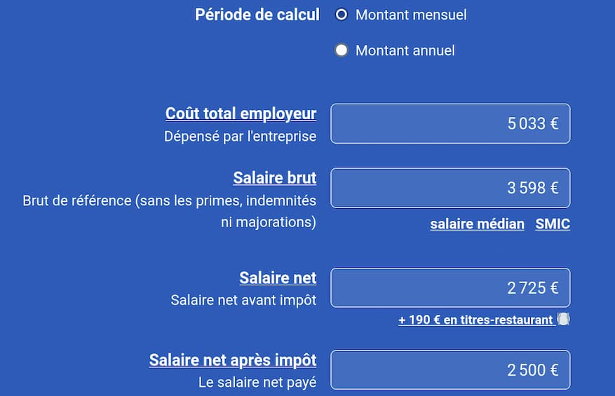 URSSAF simulator for an executive salary of €2,500 net