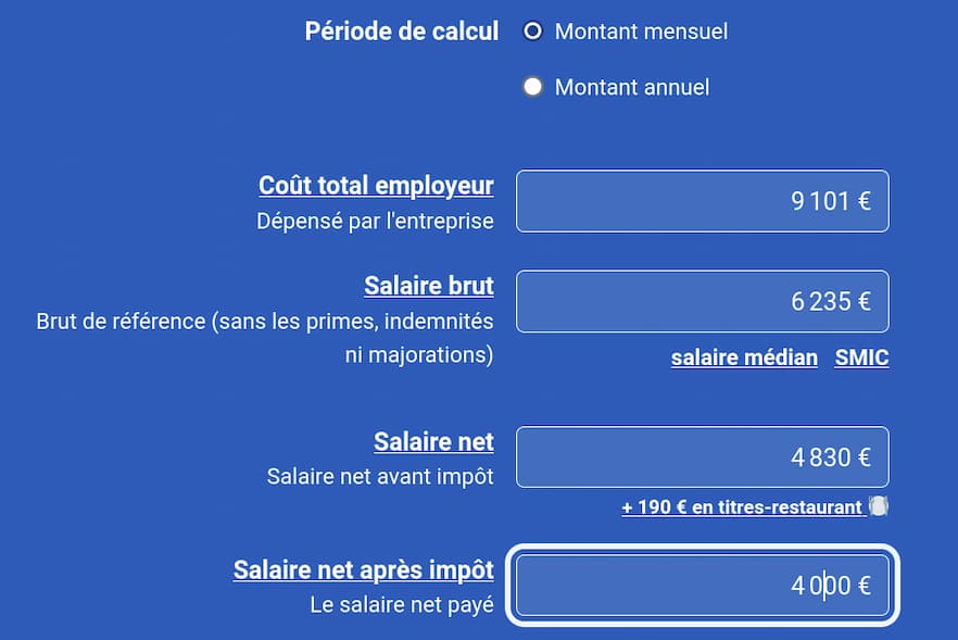 URSSAF simulator for an executive salary of €4,000 net